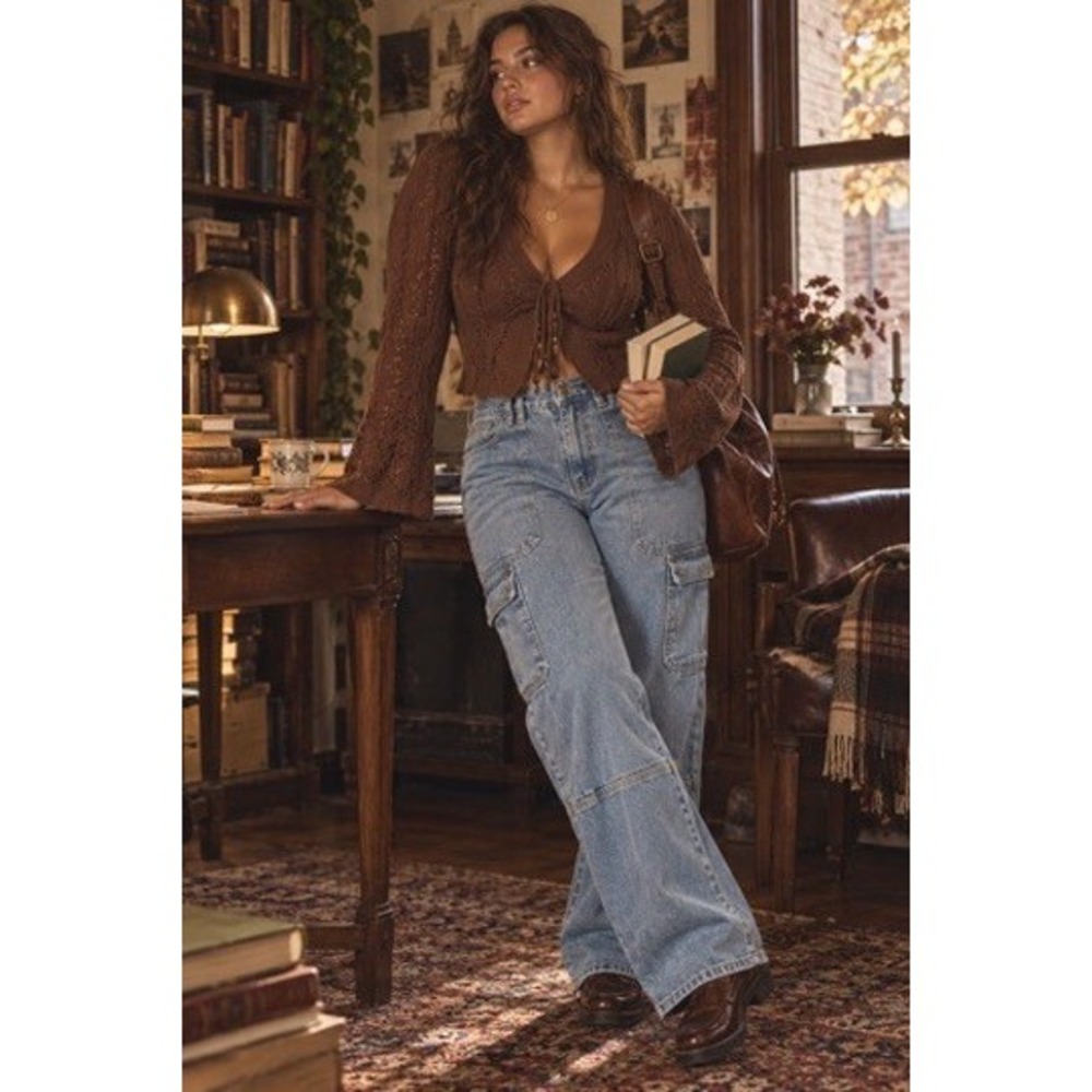 Lioness Stacey Jeans Denim Blue High Rise Wide Leg Cargo Pants Size M NEW